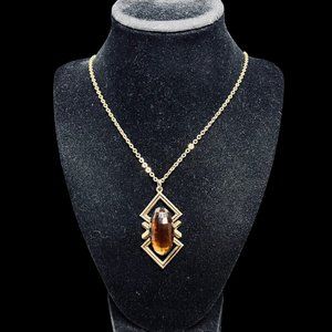 Emmons Gold Tone Cable Chain Necklace With Brown Cabochon Pendant (4598)